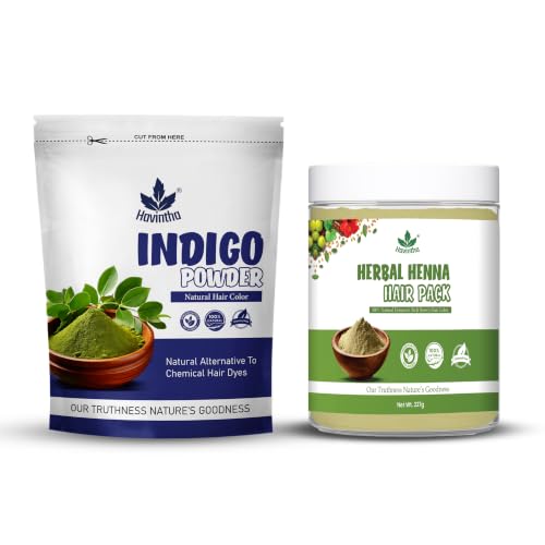 Image of Havintha Natural Indigo Powder & Herbal Henna 427g (200g Indigo + 227g Henna) | 100% Pure Herbal Hair Color | Natural Black & Brown Hair Dye for Hair & Beard