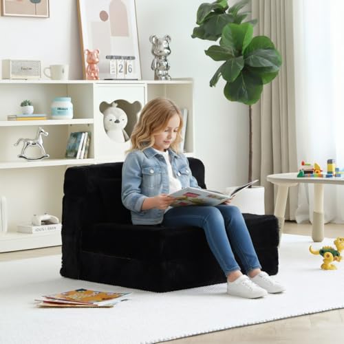 Tiita Convertible Folding Kids Sofa Bed with Pillow & Storage Bag, Plush Fabric Floor Mattress Couch Bed, Washable Cover, Kids Room, Playroom, Dorm, Apartment, Black by Tiita - Image 2