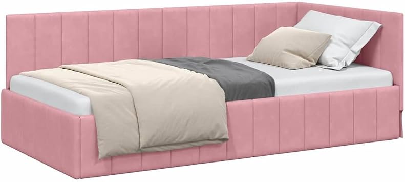 Corner Bed Frame with Headboard, Pink Velvet, 90 x 200 cm, L Shape, Robust Single Bed for Bedroom, Dorm