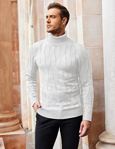 Coofandy Men's Slim Fit Turtleneck Sweater Casual Knitted Pullover Sweaters White #TOP1