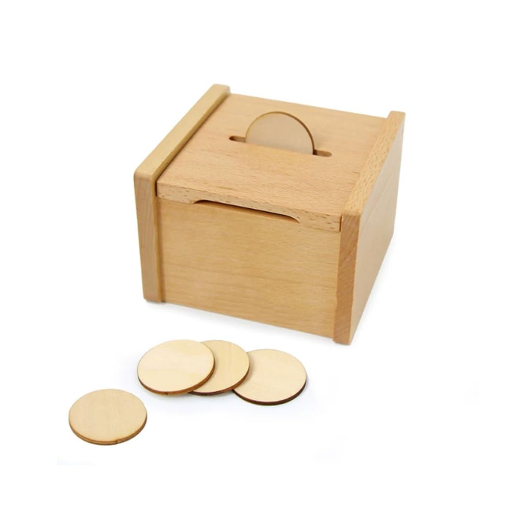Montessori-Münzfallbox mit Holzscheiben, Spielzeug zur Förderung der Feinmotorik und Hand-Auge-Koordination für Kleinkinder 15-16 Monate