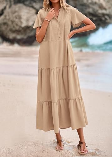 Image of KIRUNDO Summer Maxi Dresses for Women 2026 | Spring Fashion Short Sleeve Tiered Flowy Dress, Button V Neck, Pleated, Loose Fitting, Nursing & Bump Friendly, With Pockets