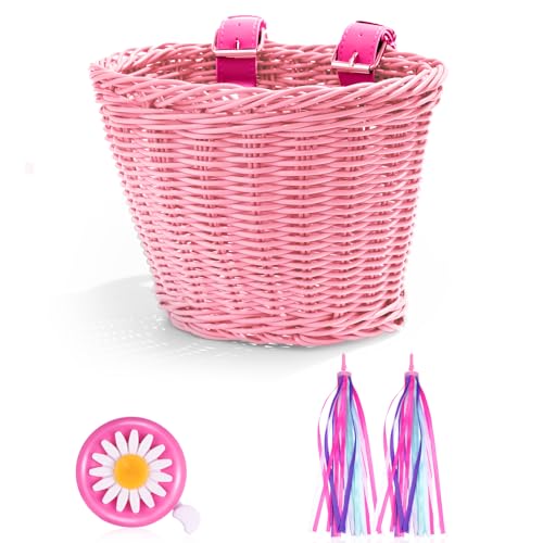 Hestya Kids Bike Basket Set for 12-14 Inch Bikes, Wicker Basket, Handlebar Bicycle for Girls Colorful Streamers Daisy Bell Decoration Girls Bike Accessories Gift for Girl Boy(Pink)