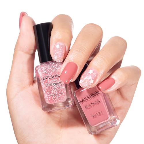 Nailshion Base Coat and Top Coat, Clear Regular Nail Polish, Rich in VE Calcium Quick Air Dry Nail Strengthening Non Gel, 2Pcs Vegan Base Chip Resistant High Shine Long-lasting Nail Art Gift Set