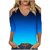 Women 3/4 Sleeve Cold Shoulder Shirt V Neck Dressy Casual Cut Out Tunic Top Elegant Floral Gradient Open Tops C-Blue