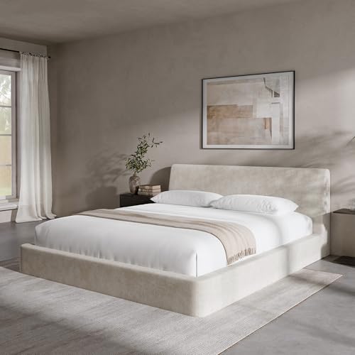 Image of RECCI AirFrame Full Size Bed Frame with Ergonomic Angled Foam Cushioned Headboard, Minimalist Design Platform Bed Frame, No Box Spring Needed, Easy Assembly (Beige Chenille)
