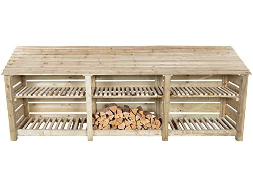 Image of Arbor Garden Solutions wooden log store, slatted firewood storage (W-335cm, H-126cm, D-88cm), natural finish (With kindling shelf)