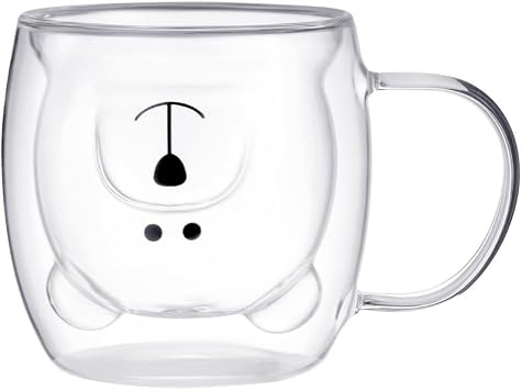 Parquet Double Wall Insulated Glass Coffee Mug 250ML Heat-Resistant Clear Cup with Handle-Black Polar Bear