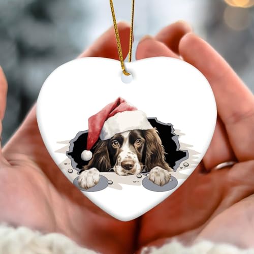 Peeking English Springer Spaniel Weihnachtsschmuck Hund Rasse Hund Kind Tier Herz Porzellan Anhänger Keramik Rustikale Weihnachtskugel Geschenk für Urlaub Weihnachtsbaum Party Dekorationen