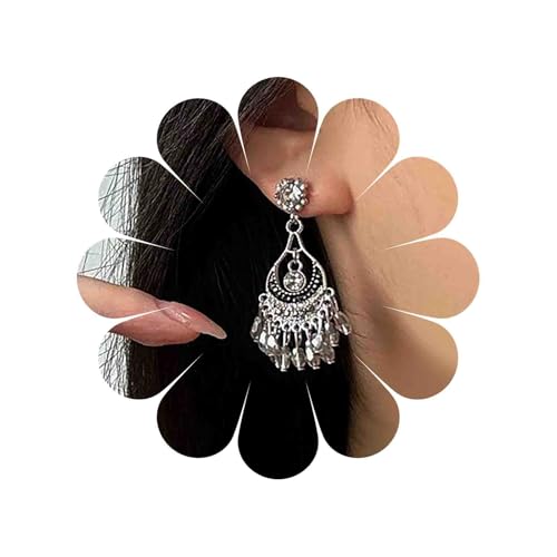 Image of Katshdan Boho Chandelier Earrings Silver Crystal Teardrop Tassel Drop Earring Vintage Gypsy Earrings Indian Tribal Drop Earring Personalized Ethnic Jewelry for Women