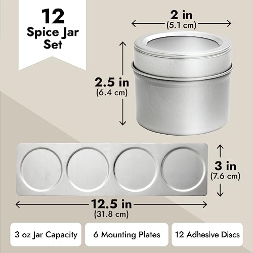 Talented Kitchen 12 Magnetic Spice Jars For Refrigerator With 3 Metal Wall Bases, 269 Preprinted Seasoning Labels, 2 Styles, 1 Cooking Conversion Chart, For 3 Oz Containers #TOP4