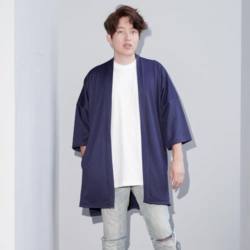 Men\'s Long Oversized Kimono Cardigan Noragi Street Jacket Haori Man Yukata Coat (Navy) - Thumbnail 2