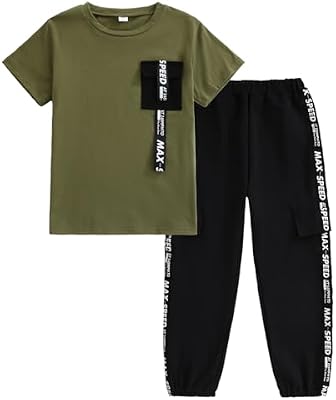 Ayzozuy Tween Boys 2‑Piece Outfit Set – Green Short‑Sleeve T‑Shirt & Pants for Sizes 8‑9 – Spring Su...