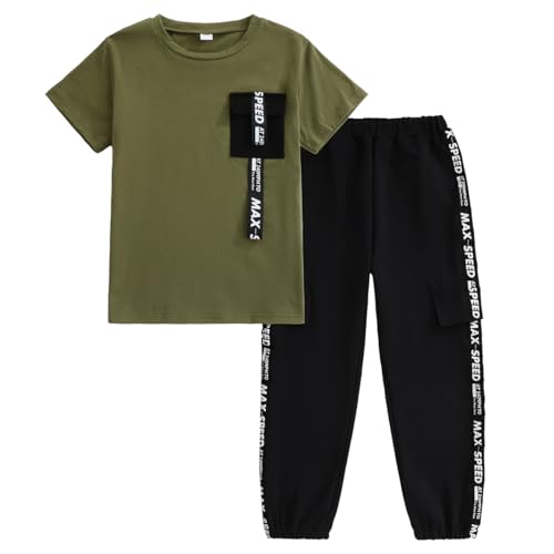 Ayzozuy Tween Boys 2‑Piece Outfit Set – Green Short‑Sleeve T‑Shirt & Pants for Sizes 8‑9 – Spring Summer