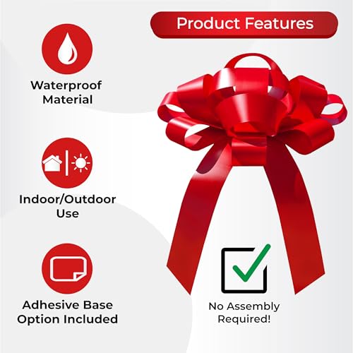 Image of CarBowz Big Car Bow for Car Decorations and Birthday Car Gifts, Large Bow Ribbon, Magnet, Car Safe Sticker Included, Fully Assembled 30 inch Wide Huge Bow, No Suction Cup Needed (Red)