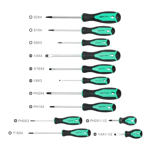 Amazon Basics Magnetic Screwdrivers Set, 12-Piece, Phillips, Slotted, Torx, Square, and Stubby with Non-Slip Handle, Hand Tools Set, Turquoise view 2