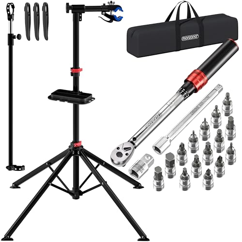 MONZANA® Fahrradmontageständer 30 kg mit Drehmomentschlüssel 1/4 Zoll Set Profi klappbar Tragetasche Reifenheber 1-25 Nm Bitset Transportbox