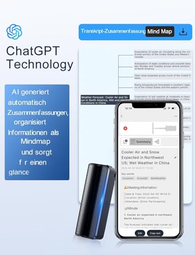 64GB magnetischer KI-Sprachrekorder mit App-Steuerung, Rauschunterdrückung, Spracherkennung, Zusammenfassung & Mindmapping – 58 Sprachen, ideal für Interviews, Vorträge & Meetings