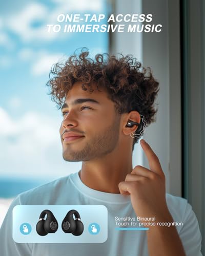 Image of Open Ear Clip Wireless Earbuds Bluetooth 5.4, Lightweight Comfort Sports Bone Conduction Headphones Built-in Mic for Clear Audio, Stable Fit Earphones 24H Play-Black