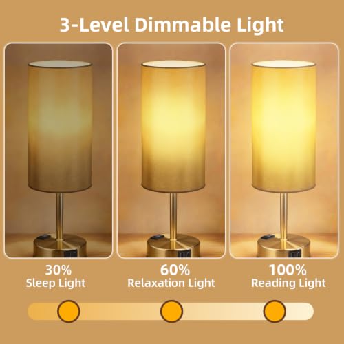 Image of Bedside Table Lamp, Dimmable Touch, AC Outlet, USB A+C (Gold) | 3-Way Dimmable, Small Touch Lamp with Eye-Care LED Bulb, Ideal Soft Lighting for Nightstand, Bedroom, Reading, Living Room