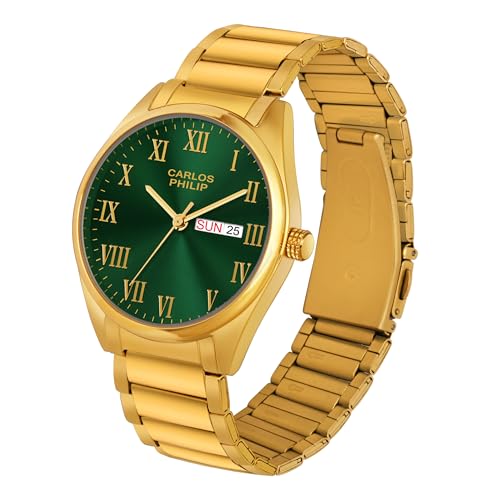 Image of Carlos Philip Men's Roman Numeral Analog Watch - Day and Date Display, Stainless Steel Strap, Quartz Movement, Business Style Watch for Men
