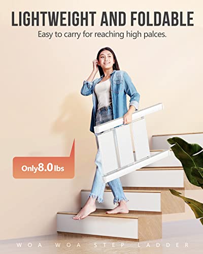 Woa Woa 3 Step Ladder, Folding Stepladder With Anti-Slip Pedal, Lightweight Portable Ladders, Aluminum Step Stool For Home, Kitchen, Office 300Lbs - White #TOP4
