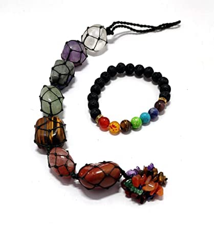 BUKHARI AGATE ASRA Crystals Seven Chakra Lava Rock Bead Bracelet for Yoga Reiki Healing Meditation & 7 Chakra Natural Crystal Stones Car Hanging Feng Shui Ornament Home & Office Window Decoration