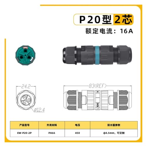 Conector rápido P20 recto impermeable de 3 pines para cables exteriores de 5 a 9mm 3