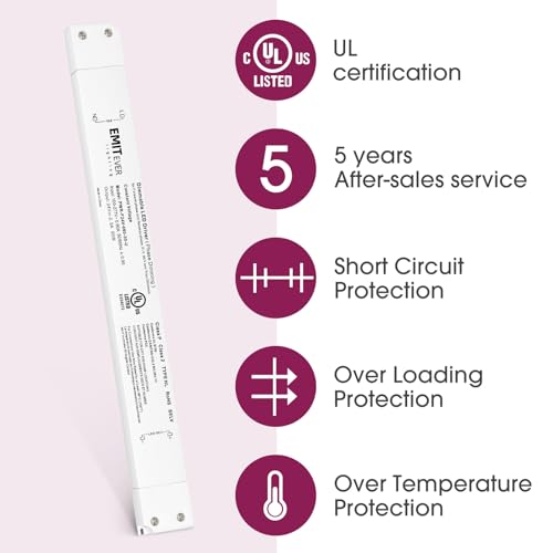 Image of EMITEVER 60W Slim Triac Dimmable LED Driver,100-277V AC to 24V DC Power Supply,0-100% Dimming Transformer for LED Lights,Compatible with Lutron and Leviton Dimmers,Class 2,UL Listed