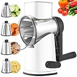 Weltonhm Rotary Cheese Graters with 4 Blades, Hand Crank Cheese Grater with Waffle Slicer, Red, Black and White Cheese Shredder with Suction Base, Easier for Shredding & Grating (White, 4 Graters)