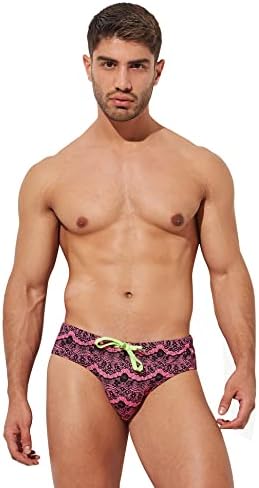 F plus R Men's Low Rise Swimwear Briefs Print Bikini Swimsuit Adjustable Drawstring Removable Pad Lace Medium