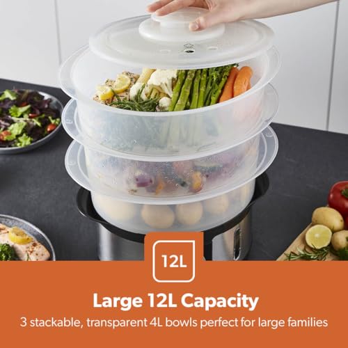 Geepas 3-Tier Food Steamer, 12L Capacity | Electric Vegetable Steamer with BPA Free Removable Baskets For Healthy Steam Cooking | 75 Minutes Timer & 1000W Power | Stainless Steel Housing