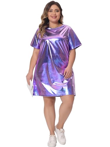 Agnes Orinda Plus Size Dress for Women Metallic Round Neck Short Sleeve Party Clubwear Loose Mini T-Shirt Dress3