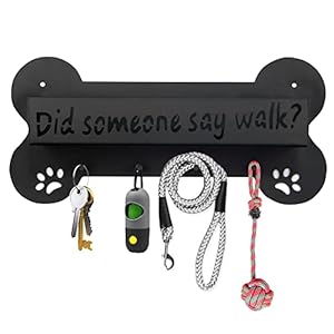 Dog Leash Holder for Wall Decorative – Black Bone Shape Wall Mount Decor with 4 Hooks for Key and Leash Rack Hangers with Storage Shelf (Style 1)