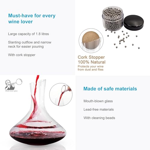 Intirilife Glas Karaffe mit 1.8 Liter für Rotwein mit Reinigungsperlen - Dekantierkapazität 750ml - Bleifreies Kristallglas Dekanter Mundgeblasen Weinbelüfter Weinkaraffe