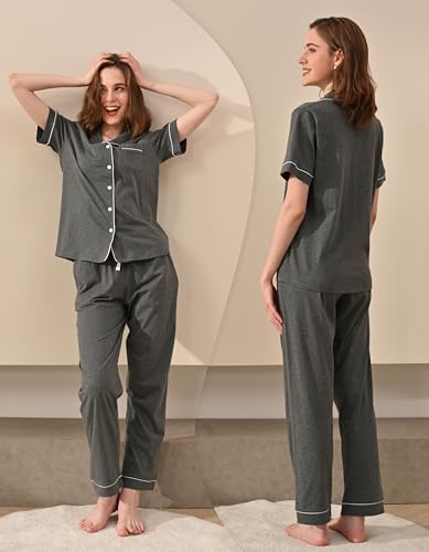 Image of NAP BOUND 100% Cotton Women's Pajama Sets Short Sleeve Button Down Soft Pjs 2 Piece Lounge Set with Pocket Nightwear XS-XXL