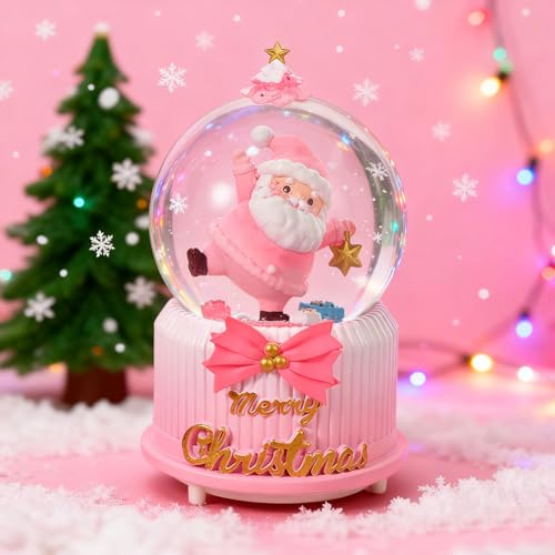Image of Christmas Musical Snow Globe Xmas Santa Claus Snow Globe Lights Music Snowfall Ornament for Christmas New Year Birthday Gift for Adult Children (Pink)