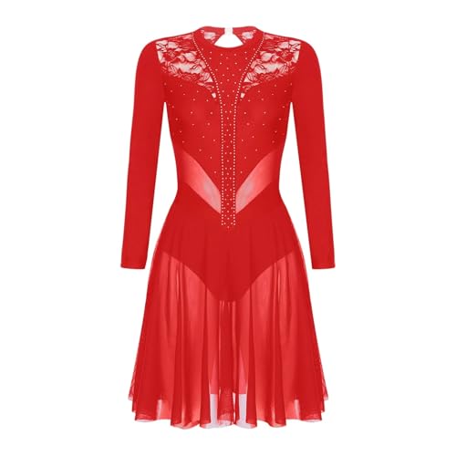 Robe De Patinage Artistique Justaucorps de danse de ballet for femmes, vêtements de patinage sur glace, costume en dentelle florale, maille transparente, robe de patinage artistique à manches longues