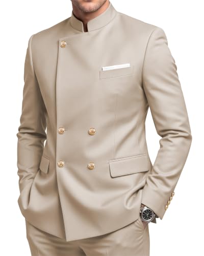 IWSTBIANG Suits for Men Double Breasted Suit Set 2 Piece Stand Collar Suit