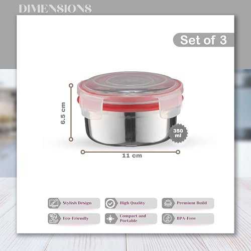 Image of Trueware Clip N Close Smart Lock Stainless Steel Lunch Box | Durable, Airtight, BPA Free, 100% Food Grade | Versatile | for Office, for Men and Wowmn (Clip & Close Set of 3-RED BAZ)