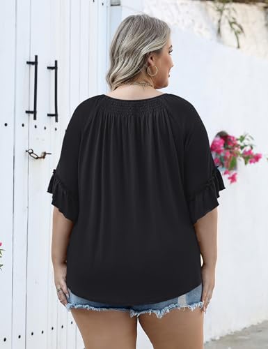 Image of Micoson Womens Plus Size Tops 3 /4 Ruffle Sleeve Crewneck Pleated Shirts
