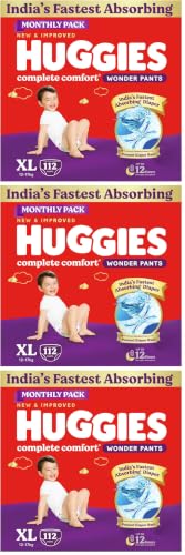 Image of Huggies Complete Comfort Wonder Pants | Pant Style Baby Diapers Extra Large Size, 112 Count | India's Fastest Absorbing Diaper, Prevents Diaper Rash, Ideal for 12 to 17 Kgs (56 count, Pack of 6)