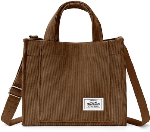 BINSUNS Corduroy Tote Bag for Women Small Satchel Bag Mini Tote Bag Aesthetic Crossbody Handbag - School Work Travel Shopping