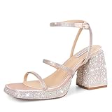 Tscoyuki Platform Heels for Women Sparkly Rhinestone Strappy Heels Sandals Chunky Heel Ankle Strap Square Open Toe Y2K Dress Shoes for Wedding Party Evening Dance Nude Size 8