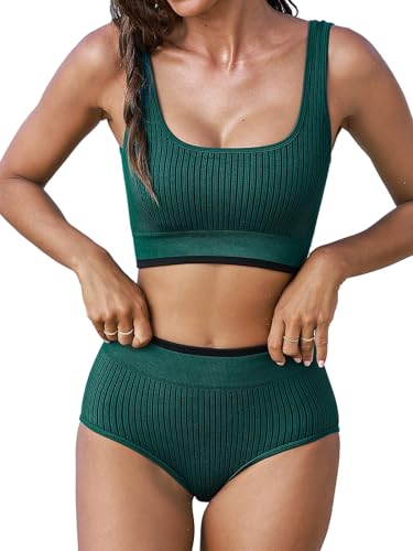 CUPSHE Women's Bikini Sets Two Piece Swimsuit High Waisted Scoop Neck Wide Straps Bathing Suit