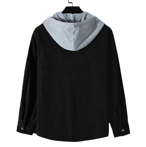 Men's Corduroy Shirt Jackets Long Sleeve Button-Down Casual Hooded Shacket Jacket Versatile Warm Outerwear with Pockets3