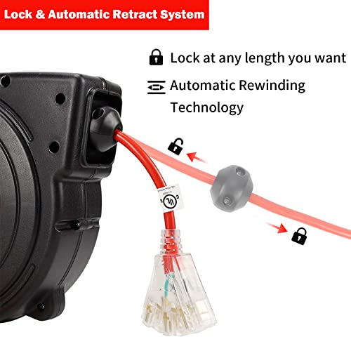 Ep Retractable Extension Cord Reel, 45 Ft Heavy Duty Power Cord, 12 Awg/3C Sjtow, 15 Amp Circuit Breaker, Lighted Triple Tap, Ceiling Or Wall Mount, Ul Listed #TOP3