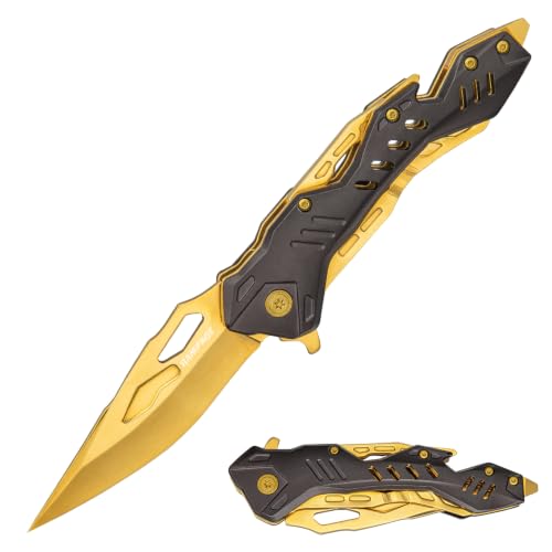 United Cutlery Rampage Gold Atomica Assisted Opening Pocket Knife | 3 1/2 Inch Stainless Steel Blade | Black And Gold Aluminum Handle | Bottle Opener | Glass Breaker | Pocket Clip