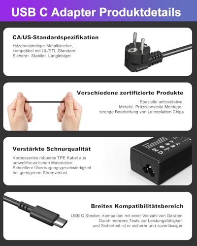 65 W Laptop Oplaadkabel USB C voor Lenovo ThinkPad (T14/X1 Carbon), HP Spectr/EliteBook, Dell Latitude, Acer, Asus, Huawei, Samsung, Surface, MacBook, LG, Chromebook 45W Type C Charger - Afbeelding 6