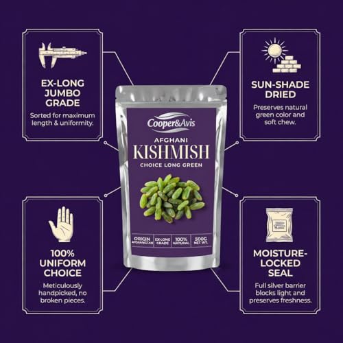 Image of Cooper&Avis Premium Afghani Raisins, 500g | Authentic Kandhari Choice Long Green Kishmish | Jumbo Size, Sun-Dried & Seedless